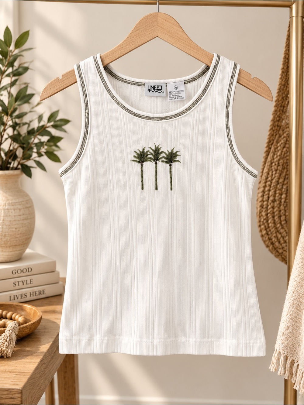 Sleeveless White Ribbed Tank with Green Palm Embroidery